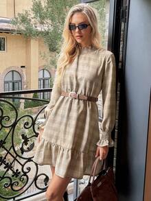 Serisse 女士格子印花荷叶边立领长袖迷你连衣裙 - 杏色 - 查看 3