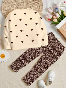 SHEIN Happikins 2pcs Young Girl Casual Cute Sweet Polka Dot Heart Pattern, Retro Leopard Print, Creamy Yellow, Round Neck Long Sleeve Sweatshirt And Leggings Set, Suitable For Autumn/Winter - Multicolor - View 3
