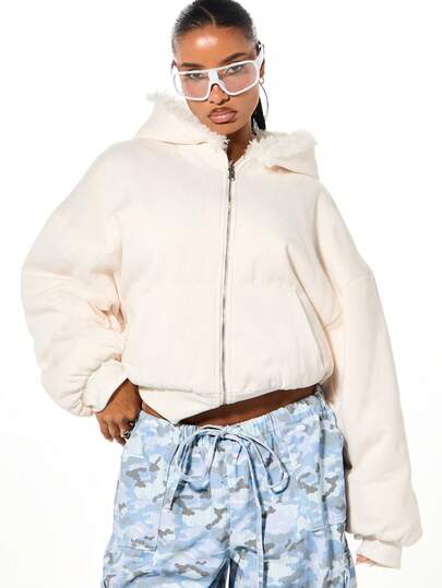 SUMWON WOMEN Oversized Reversible Full Zip Hoodie With Sherpa Lining Boxy Casual Winter Sweatshirt Jacket Long Sleeve Hooded Outerwear