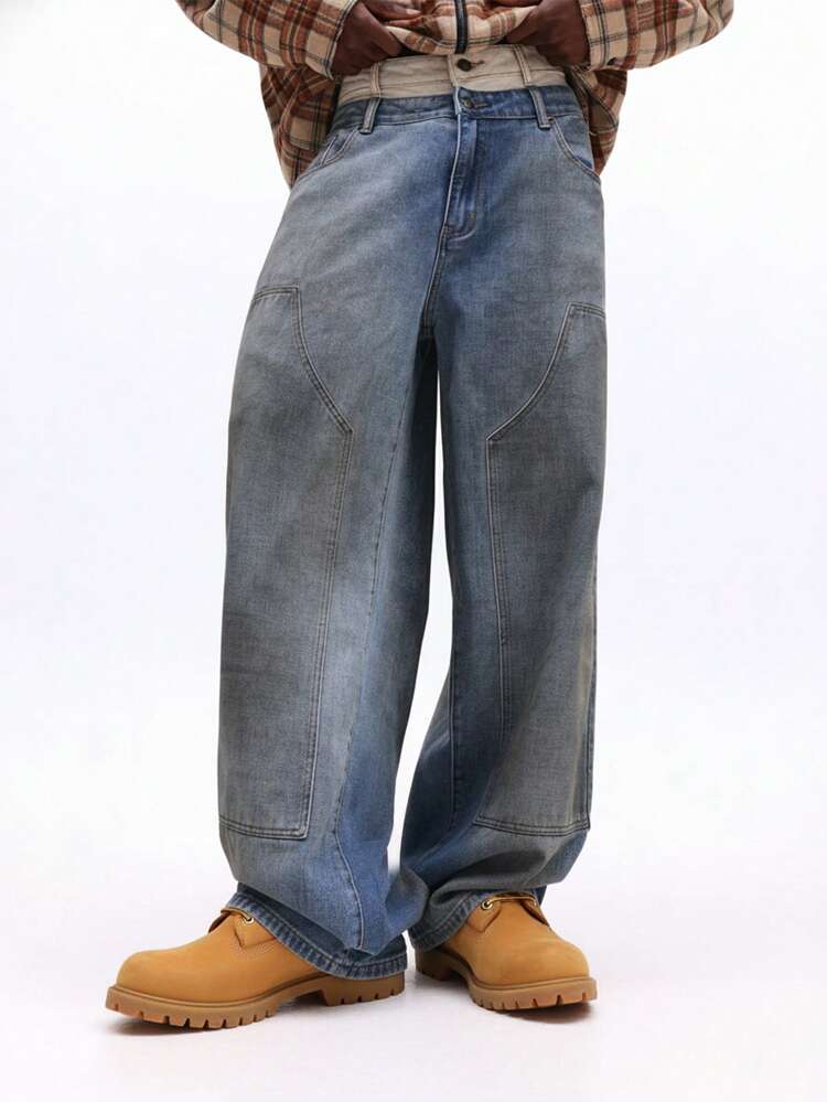 Double Layer Wide Leg Denim Jeans With Curved Panels