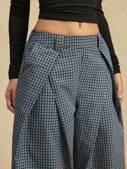 Easelle Casual Valentine's Day Retro Low Waist Straight Leg Wide Leg Elastic Waist Plaid Women Pants Pleated Plaid Pants Checkered Culottes