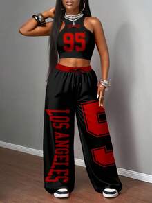 Slaydiva 两件套女士休闲街头风紧身吊带背心和宽松长裤套装，适合街头穿着 - 黑色 - 查看 3