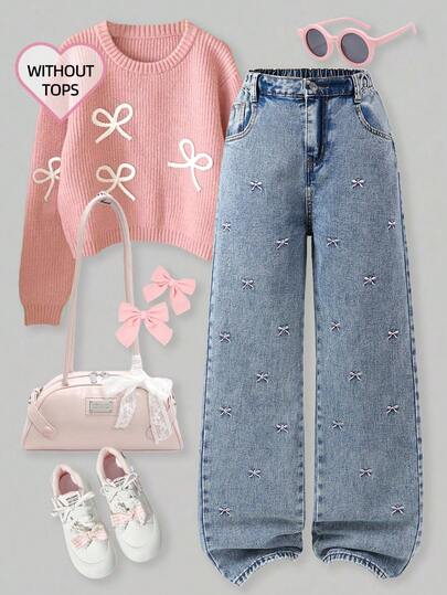 SHEIN ChillGRL Girls' Wide Leg Jeans, New Design Embroidered Bow Straight Leg Pants, Loose Fit Jeans For Girl, Loose Fit Girls Jeans