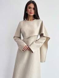 Firerie Vestido feminino elegante para o dia a dia, casual, em tecido de bambu cáqui, manga longa, gola drapeada, cintura marcada e modelagem evasê. Novo vestido feminino para outono/inverno, com cintura acinturada, ideal para ocasiões formais e informais.