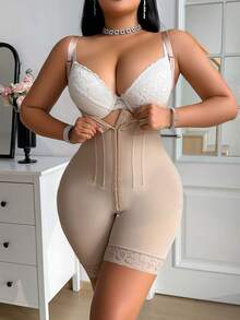 1pc Adjustable Strap Buckle Midthigh Shapewear Jumpsuit - Apricot - View 3