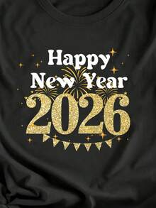SHEIN EZwear 休闲简约风2026新年快乐标语仿箔印花宽松圆领短袖女式T恤，适合节日、新年、跨年派对等场合。 - 黑色 - 查看 4