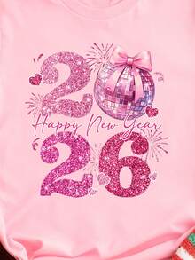 SHEIN EZwear Tricou casual lejer roz cu guler rotund și mânecă scurtă, model Anul Nou 2026, ușor, potrivit pentru femei, pentru întâmpinarea Anului Nou, sărbătoare a petrecerii de sărbători, ediție de Anul Nou, petrecere de Revelion, Anul Nou, sloganul "Anul Nou fericit 2026" pentru petrecere de Anul Nou - Roz praf - Vizualizare 4