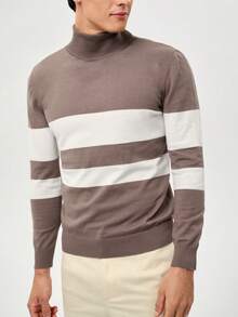 RONVEXI Men's Casual Colorblock Striped Turtleneck Sweater, Autumn/Winter - Mocha Brown - View 2