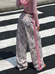 SHEIN Tween Girls Grey Leaf Print Patchwork Drawstring Sweatpants