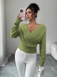 SHEIN Elenzya 女士时尚优雅纯色V领露背毛衣 - 綠色 - 查看 7