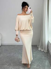 Elenzga Đầm Maxi Dài Tay Hở Vai Dáng Rộng, Eo Thon, Viền Đuôi Cá, Màu Trơn, Thanh Lịch, Thời Trang, Thoải Mái, Quyến Rũ, Phong Cách Retro Tối Giản Cao Cấp Lãng Mạn Cho Nữ - Màu be - Xem 9