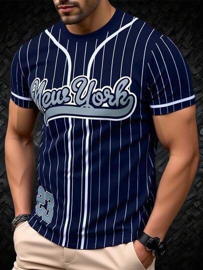 Manfinity Dauomo Men'S New York Jersey Grap Hic T-Shirt - Navy Blue & White Striped Casual Tee With Bold "NY" Print, Breathable Regular Fit For Outdoor Leisure & Casual Attire, Outdoor Leisure Apparel, Durable Print Quality