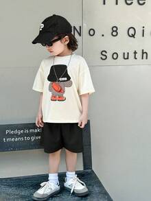 SHEIN 2pcs/Set Young Boy Kids Comfortable Daily Versatile Casual Cute Loose Fit Japanese And Korean Style Animal Bear Pattern Embroidered Round Neck Short Sleeved T-Shirt Knitted Top And Yellow Waffle Shorts Set, Suitable For Spring And Summer Seasons, Daily Life, Sports, Campus, Gatherings, Festivals, Performances, Photography, Back To School Season - Black - View 7