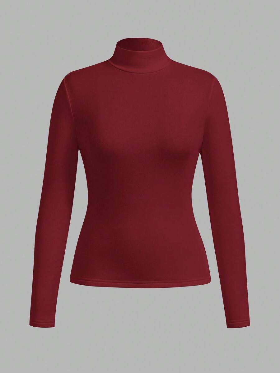 SHEIN BASICS 秋冬季基础款高领修身长袖纯色女式上衣，升级保暖内衬面料，时尚休闲舒适，百搭不臃肿，红色上衣，圣诞节，女士红色上衣，酒红色上衣 - 酒紅色 - 查看 1