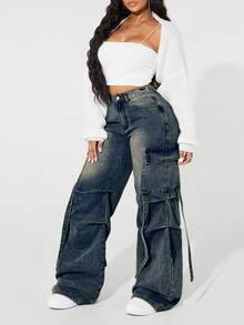 SHEIN ICON 大码女式街头风休闲多口袋牛仔裤