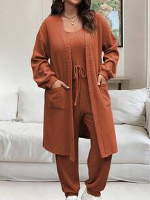 Vionelle 大码女式纯色落肩长袖外套和腰带连体裤休闲两件套 - 橘色 - 查看 5