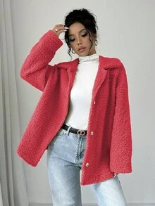 Elenzga Women's Casual Solid Color Button Front Faux Shearling Collar Jacket, Autumn/Winter - Red - View 3