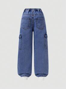 SHEIN ChillGRL Quần jeans ống rộng thêu hoa tuyết thời trang cho bé gái tuổi teen, thích hợp cho mùa xuân, hè, thu và đông với họa tiết bướm và hoa, quần jeans ống rộng họa tiết hoa thập niên 90 cho trẻ em, quần jeans rộng thùng thình thêu họa tiết phong cách Y2K. - Rửa tối - Xem 2