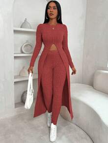 VaVaBold 两件套抓绒罗纹长款开衩下摆T恤和长裤，冬季，冬装，毛衣套装，长袖，修身，抓绒面料，徒步装备，冬季上衣，冬季打底裤，女士套装，优雅女士，秋季上衣，冬季服装，保暖，长袖 - 酒紅色 - 查看 6