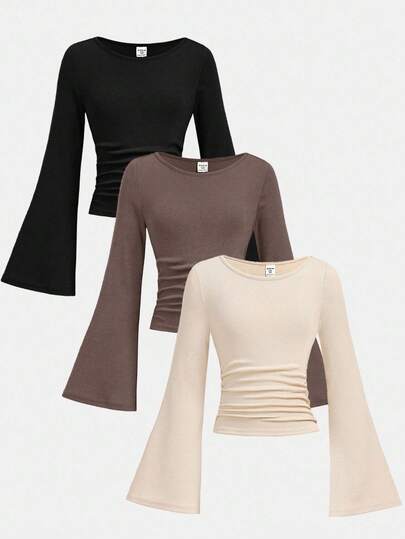 Girlism Tween Girls 3pcs/Set Autumn And Winter/Casual And Versatile/One-Line Collar/Gathered Details/Knitted Slim-Fit Bottoming Long-Sleeved T-Shirt, 3 Pack Tops, Tops Cute, Long Sleeve Tops, Fitted Tops, Bell Sleeve Tops