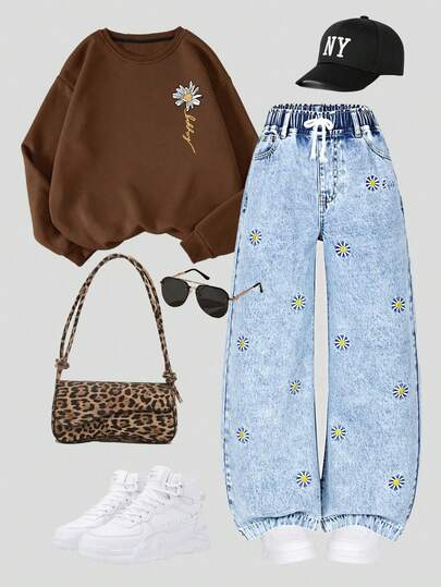 Elladie kids Tween Girls Denim Jeans, Y2K Style, Casual & School, Loose Wide-Leg, Suitable For Spring, Summer, Autumn, Winter