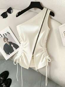 Franclia 侧腰褶皱蝴蝶结不对称领口露肩金属拉链白色街头风女式上衣，适合秋季穿着；全白秋冬女式针织弹力面料；个性十足的美式辣妹风小众上衣；欧美性感酷炫背心 - 白色 - 查看 1