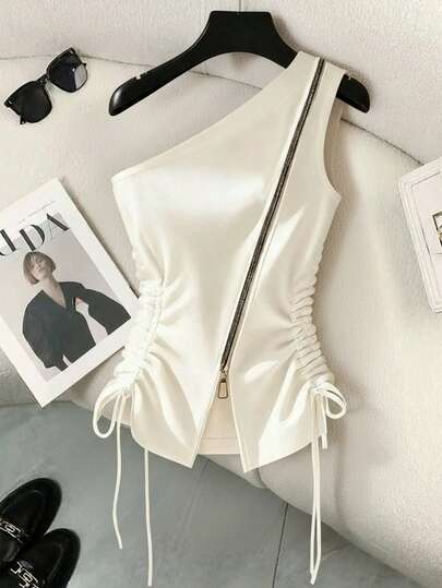 Franclia 侧腰褶皱蝴蝶结不对称领口露肩金属拉链白色街头风女式上衣，适合秋季穿着；全白秋冬女式针织弹力面料；个性十足的美式辣妹风小众上衣；欧美性感酷炫背心