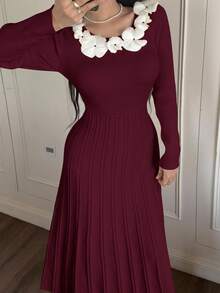 Feyla Vestido de Malha Ajustado com Decoração Floral Vestido Tipo Suéter em Linha A para Outono/Inverno - Vinho - Visão 2