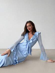 Aloruh 浅蓝色针织网纱深V领长袖荷叶边下摆连衣裙 - 淺藍色 - 查看 4