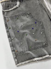 ROMWE MEN Street Life 男士宽松牛仔短裤，配有松紧腰带和水钻装饰 - 淺灰色 - 查看 4