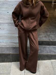 DAZY Bộ đồ nữ gồm áo hoodie và quần nỉ màu bạc ánh kim, kiểu dáng thường ngày, thích hợp mặc nhà mùa thu/đông. - Cà phê nâu - Xem 4