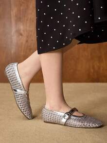 MOTF PREMIUM 春夏新款法式时尚银色镂空编织芭蕾舞鞋渔网鞋透气玛丽珍女士平底低帮鞋，舒适百搭，优雅简约休闲，耐磨不伤脚，高端镂空凉鞋 - 銀色 - 查看 7