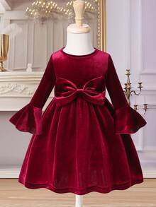 Glamorique Kids 幼儿酒红色天鹅绒珍珠装饰大蝴蝶结喇叭袖连衣裙，甜美优雅，适合圣诞派对和新年穿着 - 酒紅色 - 查看 1