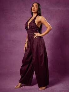 Vixey Ruched Bust Halter Neck Pleated Wide Leg Taffeta Jumpsuit