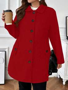 Jaqueta de Lã de Manga Longa com Bolso e Botões na Frente, Casual e Monocromática, Plus Size - Vermelho - Visão 6