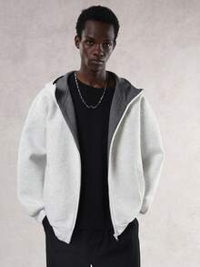 DAZY 男士加厚撞色连帽卫衣，秋冬季 - 淺灰色 - 查看 1