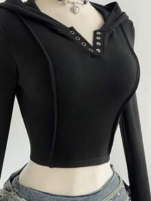 SHEIN Unity Women's Elegant Casual Solid Color Cropped Hoodie Long Sleeve T-Shirt - Black - View 7