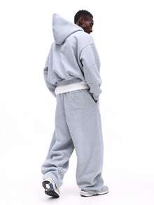 SUMWON Bộ đồ hoodie pha trộn cỡ lớn và quần nỉ ống rộng phối chi tiết đường may cho trang phục mặc nhà mùa đông thoải mái hàng ngày - Xám - Xem 2