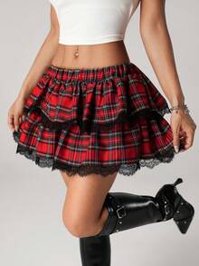SHEIN ICON Women's Halloween Plaid Double-Layer Ruffle Lace Trim Mini Skirt - Multicolor - View 5