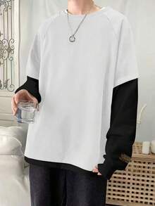 Claim Dot Loose Men's Letter Patched Raglan Sleeve 2-In-1 Sweatshirt Men Long Sleeves Long Sleeve Men Mens Oversized Shirt Men Black And White Long Sleeve Shirt Mens Oversized Streetwear