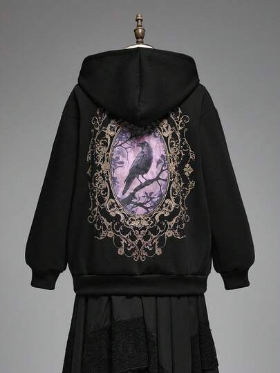 Plus Size Vintage Gothic Raven Frame Print Loose Sweatshirt Sweatshirt