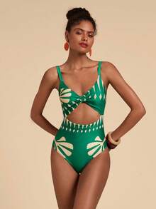 Travachic 女士沙滩度假印花扭结吊带连体泳衣 - 綠色 - 查看 1