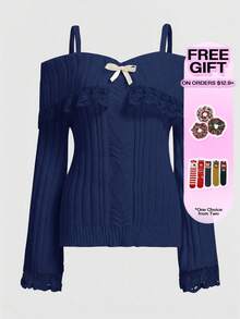 ROMWE Kawaii Women's Casual Off Shoulder Sleeveless Pullover Sweater, Suitable For Autumn/Winter - Navy Blue - View 5
