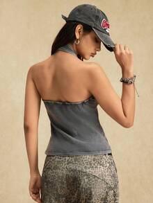Easelle Women's Sexy And Stylish Streetwear Backless Halter Top, Summer Style, Adorned With Metal Eyelet Details. (2025 Party/Music Festival)