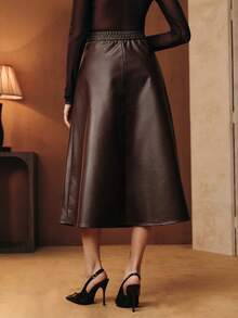 Anewsta 优雅复古高端时尚3D花卉装饰A字棕色半身裙，百搭 - 棕色 - 查看 7