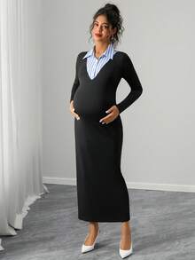 SHEIN 孕妇蓝白格子衬衫领开襟开衩下摆优雅连衣裙，秋冬款 - 黑色 - 查看 3