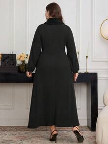 Modelyn Ribbed Knit Patchwork Faux Fur Collar Long Sleeve Elegant Fashionable Romantic Plus Size Dress - Black - View 2