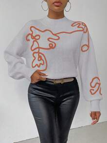 EMERY ROSE Pulover casual pentru femei, cu model grafic, croială lejeră, cu umeri căzuți, guler înalt, potrivit pentru naveta zilnică de toamnă/iarnă - Gri deschis - Vizualizare 3