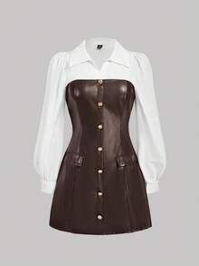 SHEIN MOD 大码女式棕色PU衬衫裙，二合一衬衫裙 - 棕色 - 查看 2