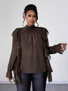 Maweii Plus Size Women's Stand Collar Ruffle Flare Sleeve Sheer Elegant Vintage Casual Holiday Party Blouse, Brown/Coffee - Brown - View 4